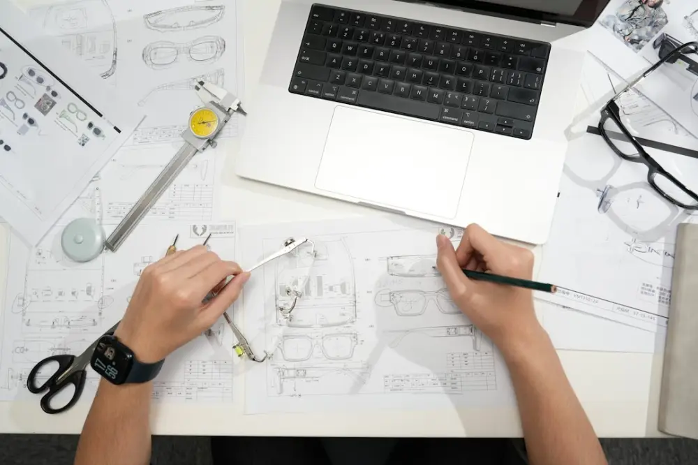 Designer sketching eyeglasses with laptop and tools, illustrating lean application design